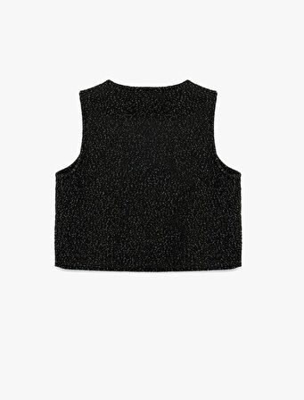 Sim Detaylı Kolsuz İnci Düğmeli V Yaka Bluz