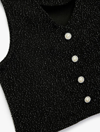 Sim Detaylı Kolsuz İnci Düğmeli V Yaka Bluz