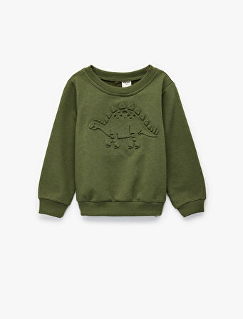 Dinozor Baskılı Uzun Kollu Bisiklet Yaka Sweatshirt
