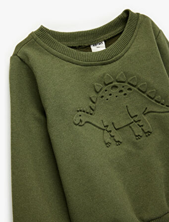 Dinozor Baskılı Uzun Kollu Bisiklet Yaka Sweatshirt