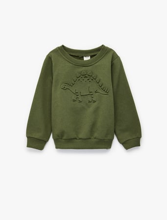 Dinozor Baskılı Uzun Kollu Bisiklet Yaka Sweatshirt