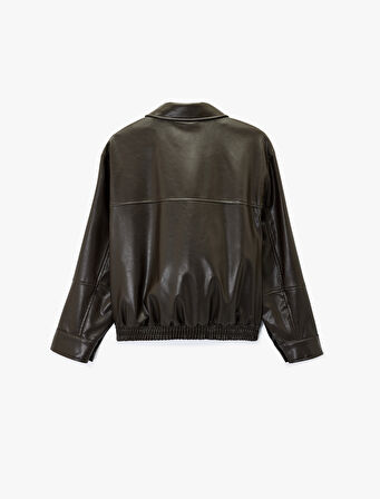 Fermuarlı Uzun Kollu Cepli Suni Deri Ceket