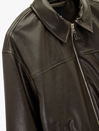 Fermuarlı Uzun Kollu Cepli Suni Deri Ceket