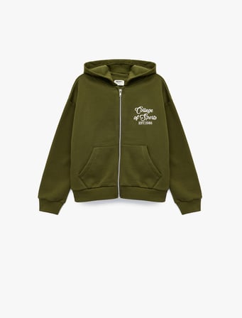 Şardonlu Uzun Kollu Kapşonlu Fermuarlı Sweatshirt