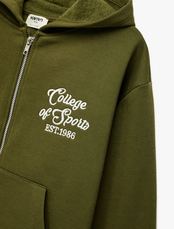 Şardonlu Uzun Kollu Kapşonlu Fermuarlı Sweatshirt