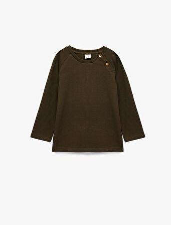 Pamuklu Düğmeli Uzun Reglan Kollu Bisiklet Yaka Sweatshirt