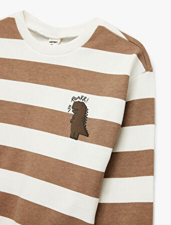 Pamuklu Şardonlu Uzun Kollu Bisiklet Yaka Dinozor Baskılı Çizgili Sweatshirt