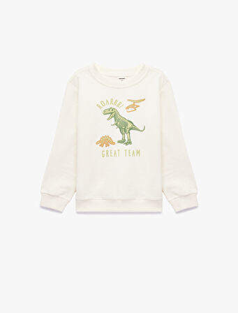 Pamuklu Uzun Kollu Bisiklet Yaka Dinozor Baskılı Sweatshirt
