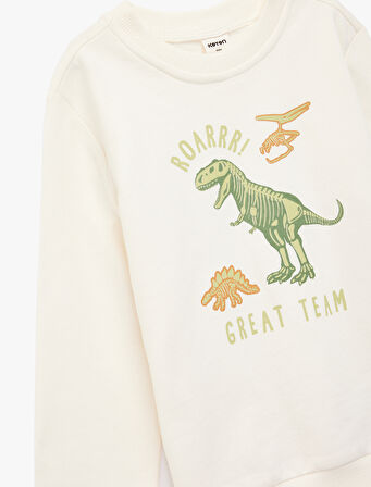 Pamuklu Uzun Kollu Bisiklet Yaka Dinozor Baskılı Sweatshirt
