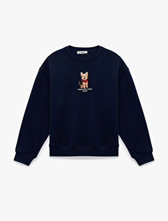 Uzun Kollu Bisiklet Yaka Köpek Baskılı Oversize Sweatshirt