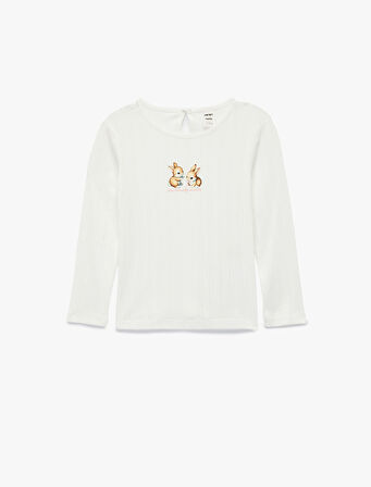 Tavşan Baskılı Uzun Kollu Bisiklet Yaka Tişört