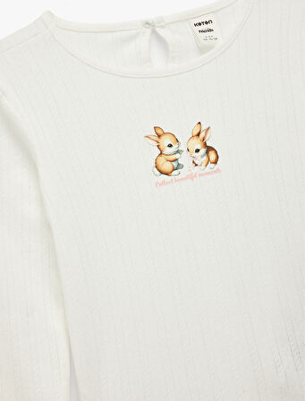 Tavşan Baskılı Uzun Kollu Bisiklet Yaka Tişört