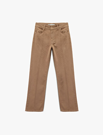 Nervürlü Cepli Düğmeli Yüksek Bel Pamuklu Düz Paça Pantolon - Straight Fit Jean