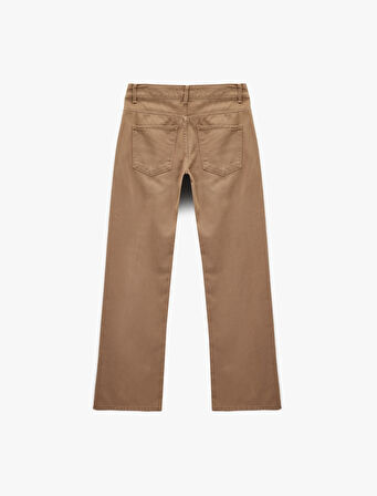 Nervürlü Cepli Düğmeli Yüksek Bel Pamuklu Düz Paça Pantolon - Straight Fit Jean