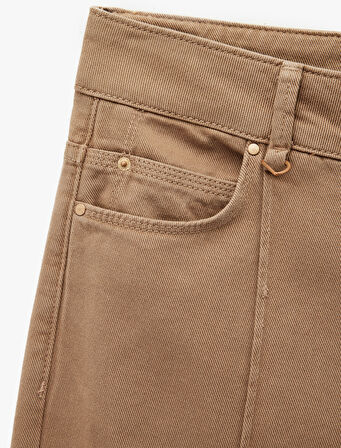 Nervürlü Cepli Düğmeli Yüksek Bel Pamuklu Düz Paça Pantolon - Straight Fit Jean