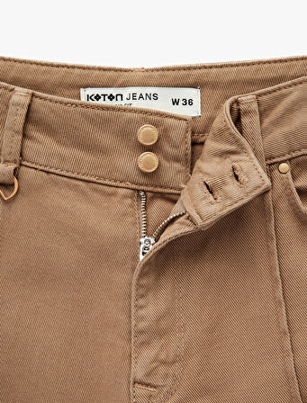 Nervürlü Cepli Düğmeli Yüksek Bel Pamuklu Düz Paça Pantolon - Straight Fit Jean