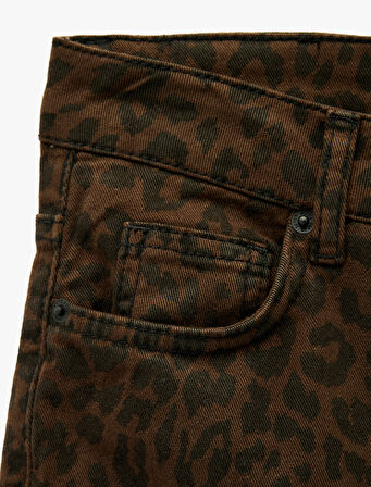 Dar Kesim Cepli Leopar Desenli Jean Pantolon - Flare Fit Crop Jeans