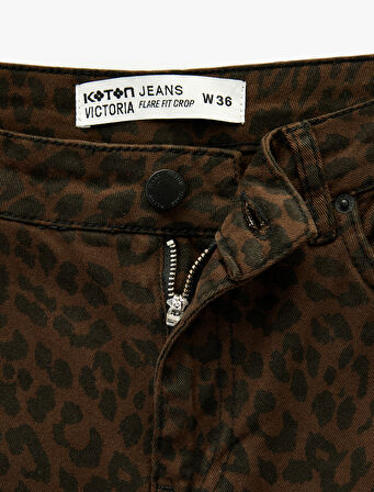 Dar Kesim Cepli Leopar Desenli Jean Pantolon - Flare Fit Crop Jeans