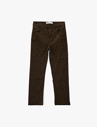 Dar Kesim Cepli Leopar Desenli Jean Pantolon - Flare Fit Crop Jeans