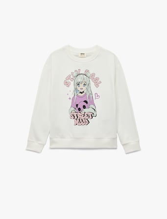 Pamuklu Uzun Kollu Bisiklet Yaka Baskılı Şardonlu Sweatshirt