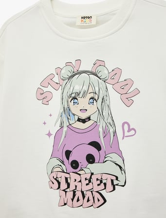 Pamuklu Uzun Kollu Bisiklet Yaka Baskılı Şardonlu Sweatshirt