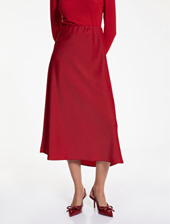 Slim Fit Beli Lastikli Midi Saten Etek