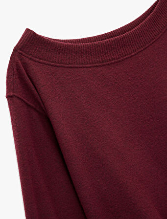 Viskon Karışımlı Kayık Yaka Omzu Açık Uzun Kollu Tişört