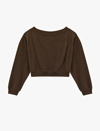 Viskon Karışımlı Kayık Yaka Omzu Açık Uzun Kollu Tişört