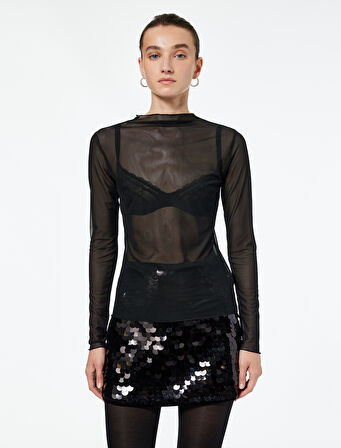 Kayık Yaka Uzun Kollu Transparan Tişört