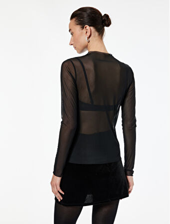 Kayık Yaka Uzun Kollu Transparan Tişört