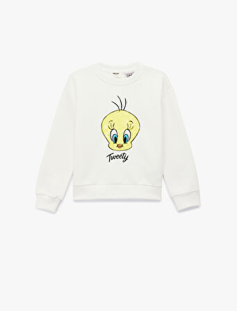 Lisanslı Tweety Baskılı Uzun Kollu Bisiklet Yaka Sweatshirt