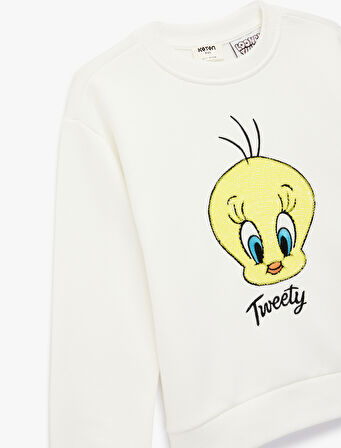 Lisanslı Tweety Baskılı Uzun Kollu Bisiklet Yaka Sweatshirt