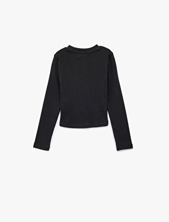 Uzun Kollu Taş Detaylı Bisiklet Yaka Baskılı Tişört