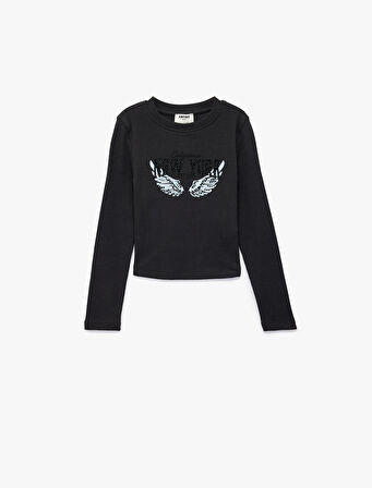 Uzun Kollu Taş Detaylı Bisiklet Yaka Baskılı Tişört