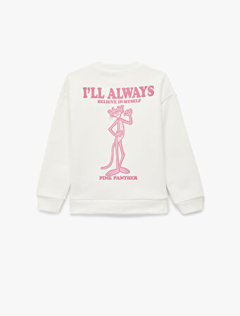 Lisanslı Pembe Panter Baskılı Uzun Kollu Bisiklet Yaka Sweatshirt