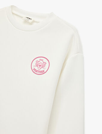 Lisanslı Pembe Panter Baskılı Uzun Kollu Bisiklet Yaka Sweatshirt