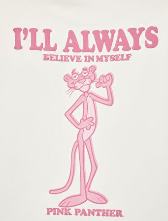 Lisanslı Pembe Panter Baskılı Uzun Kollu Bisiklet Yaka Sweatshirt