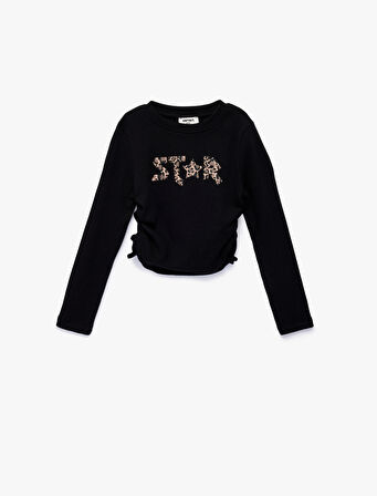 Pamuklu Büzgü Detaylı Uzun Kollu Baskılı Bisiklet Yaka Tişört