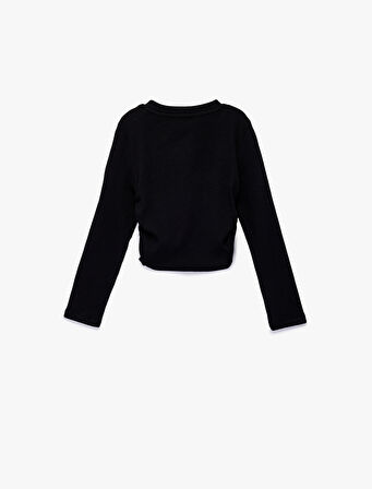 Pamuklu Büzgü Detaylı Uzun Kollu Baskılı Bisiklet Yaka Tişört