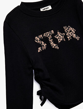 Pamuklu Büzgü Detaylı Uzun Kollu Baskılı Bisiklet Yaka Tişört