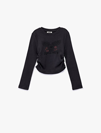 Taş Detaylı Uzun Kollu Bisiklet Yaka Büzgülü Pamuklu Baskılı Tişört