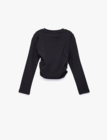 Taş Detaylı Uzun Kollu Bisiklet Yaka Büzgülü Pamuklu Baskılı Tişört