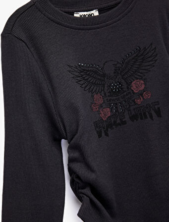 Taş Detaylı Uzun Kollu Bisiklet Yaka Büzgülü Pamuklu Baskılı Tişört