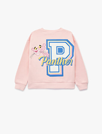Lisanslı Pembe Panter Baskılı Uzun Kollu Bisiklet Yaka Sweatshirt