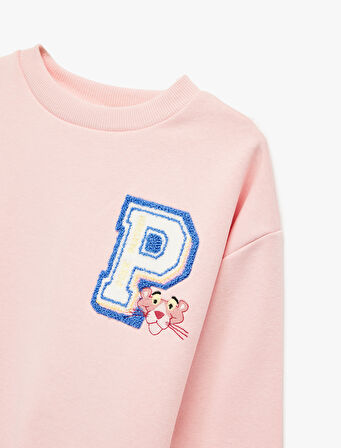Lisanslı Pembe Panter Baskılı Uzun Kollu Bisiklet Yaka Sweatshirt