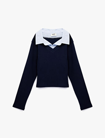 Pamuklu Uzun Kollu V Yaka Gömlek Yaka Detaylı Tişört