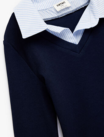 Pamuklu Uzun Kollu V Yaka Gömlek Yaka Detaylı Tişört