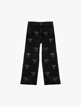 Pamuklu Fiyonk Detaylı Geniş Paça Denim Pantolon