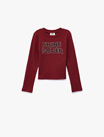 Taş Detaylı Bisiklet Yaka Uzun Kollu Baskılı Pamuklu Tişört