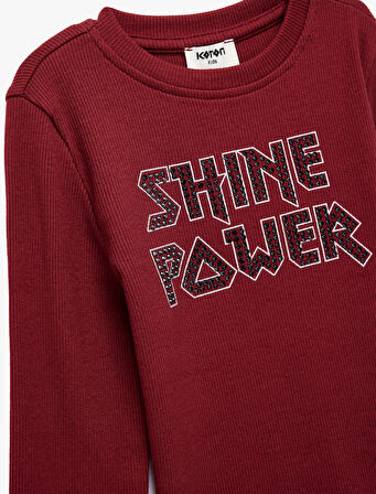 Taş Detaylı Bisiklet Yaka Uzun Kollu Baskılı Pamuklu Tişört